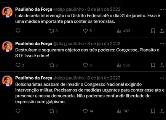 Imagem colorida reprodução de postagem do deputado federal Paulinho da Força (Solidariedade-SP), no X