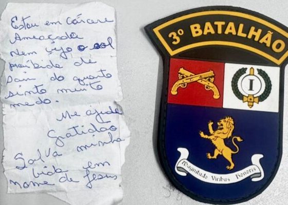 Imagem colorida de bilhete feito por vítima de cárcere privado pelo próprio filho