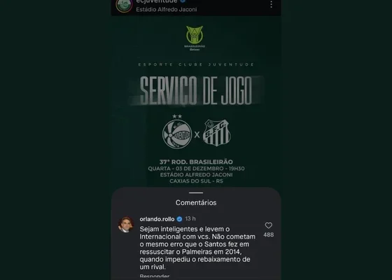 Ex-presidente do Santos pede que rival entregue jogo do Brasileirão - destaque galeria
