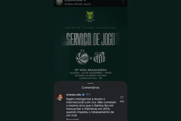 Ex-presidente do Santos pede que rival entregue jogo do Brasileirão - destaque galeria