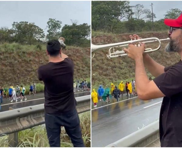 Homem toca berrante e trompete a pessoas em caminhada em BR - Metrópoles